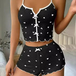 Sleepwear Women Pajamas Set Heart Print Soft Ribbed Fabric with Flirty Frill Trim Casual Cami Top and Shorts Sets Loungewear RT220