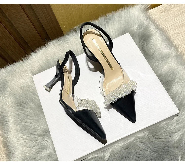 Summer Women Baotou Sandals 2024 New French Transparent Pointed Toe Crystal Stiletto Heel Sandals Pumps Zapatillas Mujer RT220