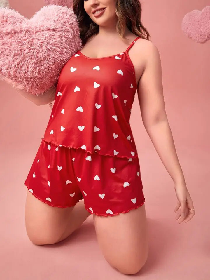 Plus-Size XL-5XL Women Pajama Set Nightgowns Cami Shorts Nightclothes  Sleeveless Nightwear Red Love Print Soft Sleepwear Summer RT220