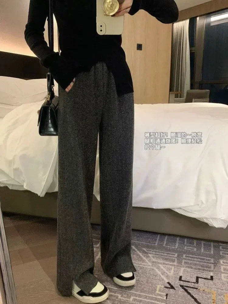 Women Pants Autumn Winter Thickening High Waisted Wool Wide Leg Pants Women Fashion Chevron Lengthening Leg Opening Floor Length RT220