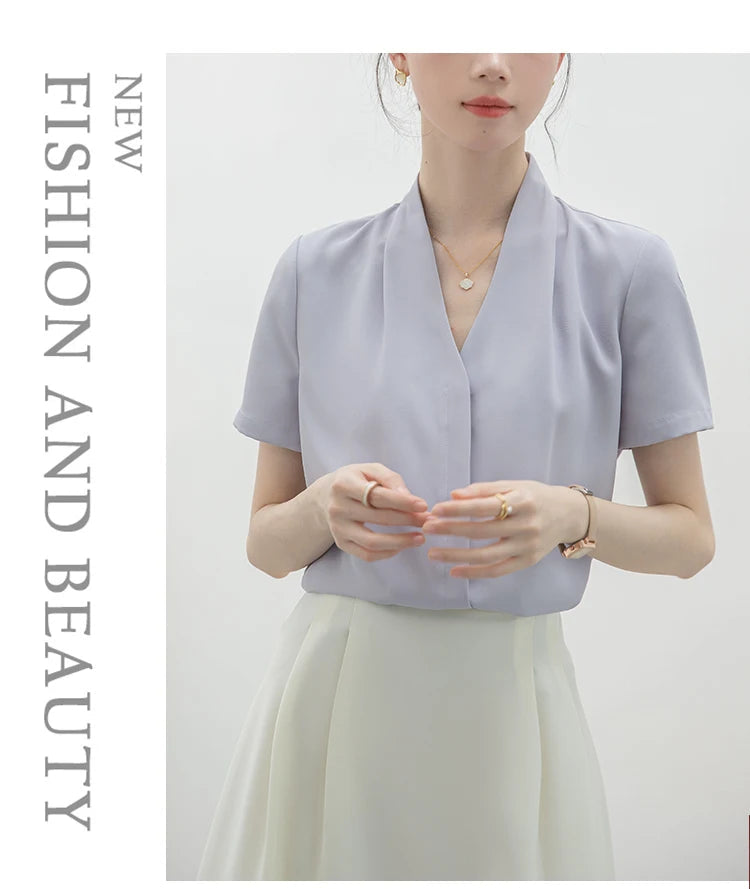 2025 Fashion Summer Short Sleeve V-Neck Women Blouse White Blouse Shirt Women Tops Blouses Shirts Blusas Para Mujer Camisas XL86 RT220