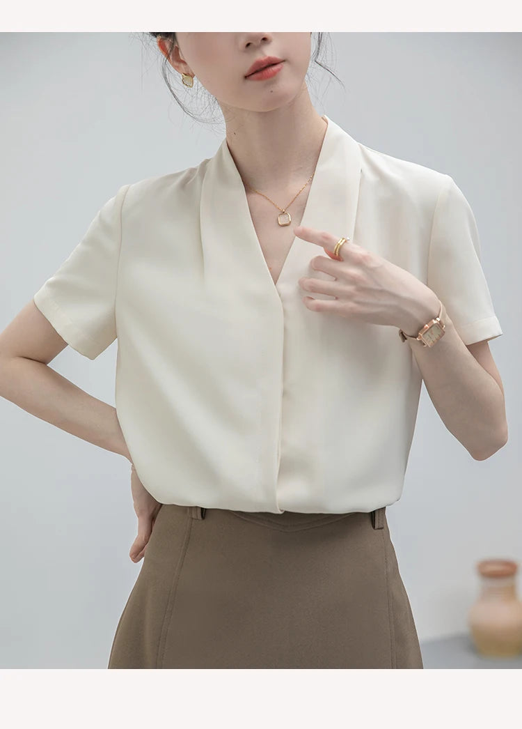 2025 Fashion Summer Short Sleeve V-Neck Women Blouse White Blouse Shirt Women Tops Blouses Shirts Blusas Para Mujer Camisas XL86 RT220