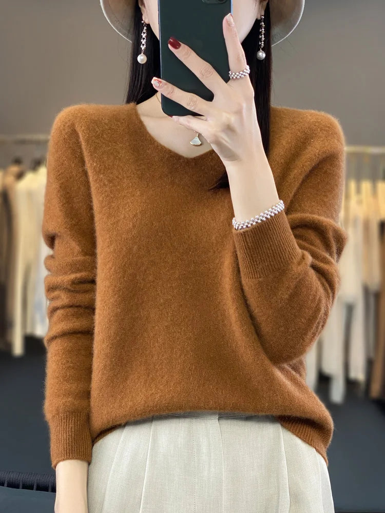 2024 New Womens Basic V-neck Pullover Sweater 100% Merino Wool Long Sleeve Cashmere Knitwear Autumn Winter Female Clothing Tops RT220