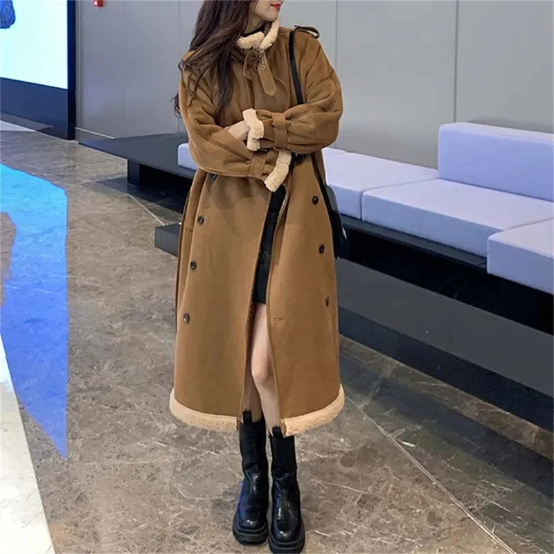 2024 Autumn Winter New Medium Long Double-breasted Lambswool Suede Woolen Coat Women Add Velvet Padded Warm Fur One Woolen Coats RT220