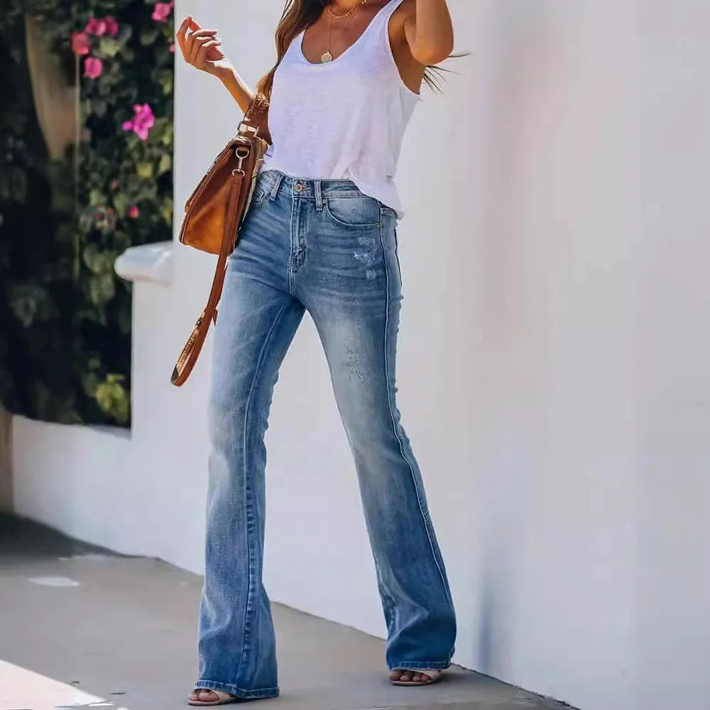 Women Jeans Bleached High Waist Flare Jean Zipper Fly Vintage Washed Loose Fit Denim Full Length Pants Pockets Basics Solid RT220