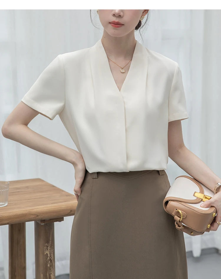 2025 Fashion Summer Short Sleeve V-Neck Women Blouse White Blouse Shirt Women Tops Blouses Shirts Blusas Para Mujer Camisas XL86 RT220