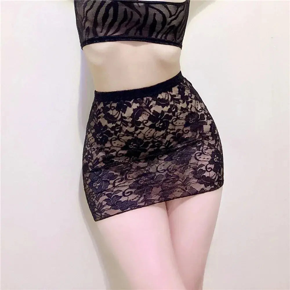 Women Sexy Erotic Slim Fit Lace See Through Wrap Hip Sheer Underdress Tight Lingerie Clubwear Allure Female Ultrashort Skirt RT220