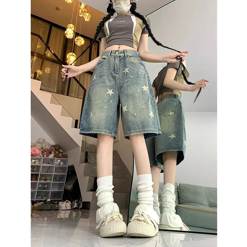 American Style Vintage Women's Short Jeans High Waisted Washed Wide Leg Denim Pants Woman Fashion Do Old Star Knee Length Shorts RT220