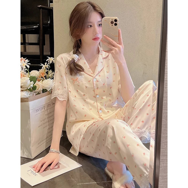 Honey Peach Print Lace Korean Ins Style Pajamas Women Y2k Three-piece Set Classy Sweet Cute Lady Lounge 2024 New Spring Homewear RT220