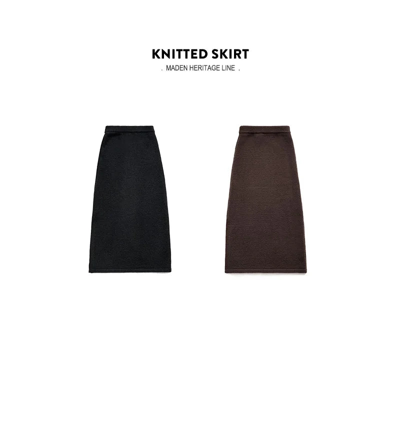 Maden Retro Knitted Skirt Solid Color Slit Fit with Single-side Slit Versatile A - line Skirt for Women's Autumn and Winter RT220