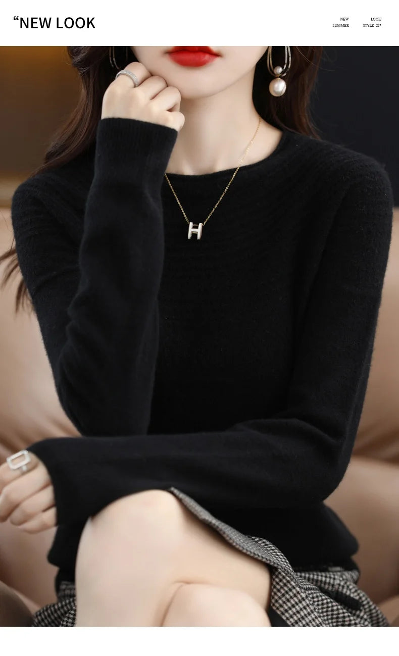 100% Merino Wool Knitted Sweater Autumn/Winter 2024 New Women's Round Neck Hollow Top 11 Color Pullover Versatile Coat NJR1107 RT220