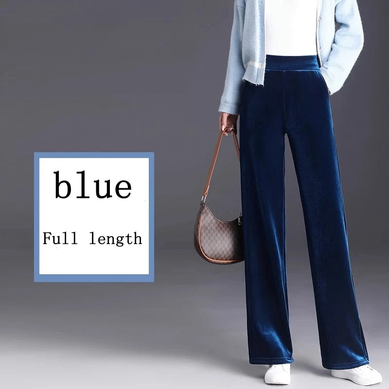Golden Velvet Wide Legged Pants 2024 Spring and Autumn High Waist Hanging Good Casual Pants Blue Loose Straight Women's Pants6XL RT220