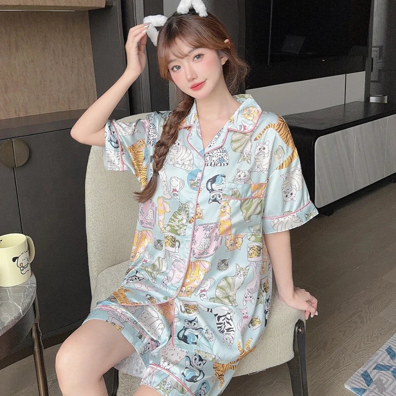 Honey Peach Print Lace Korean Ins Style Pajamas Women Y2k Three-piece Set Classy Sweet Cute Lady Lounge 2024 New Spring Homewear RT220