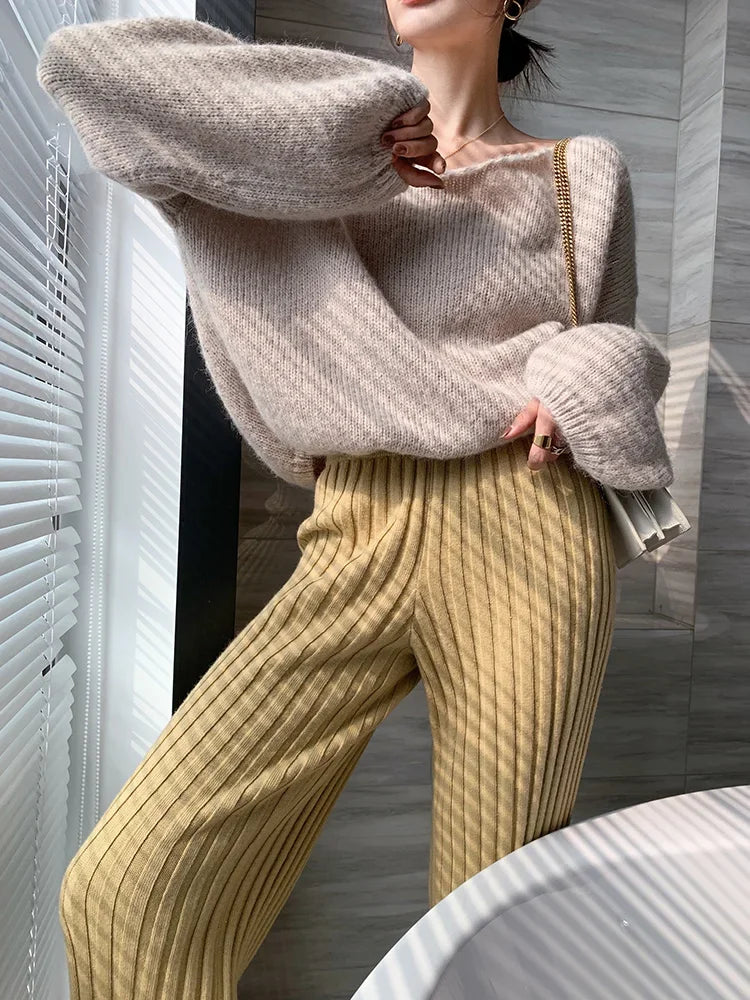 Autumn Winter Casual Thick Knitted Pant Women Long Trousers Elastic High Waist Kniting Wide Leg Pants Striped Pantalon RT220