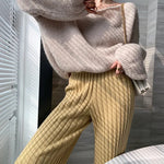 Autumn Winter Casual Thick Knitted Pant Women Long Trousers Elastic High Waist Kniting Wide Leg Pants Striped Pantalon RT220