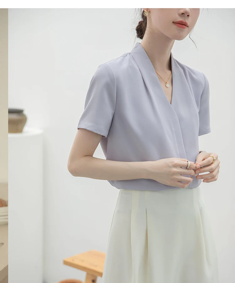 2025 Fashion Summer Short Sleeve V-Neck Women Blouse White Blouse Shirt Women Tops Blouses Shirts Blusas Para Mujer Camisas XL86 RT220