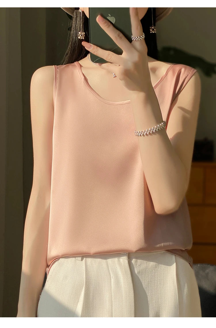 Women Tops Solid Spring Summer Casual Crop Tops Sexy O-neck Tank Tops Office Lady Pink White Top 2024 Fashion Korean Tank Top RT220