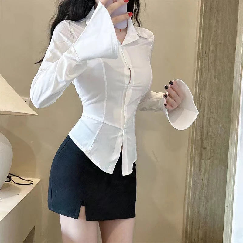 Sexy Slim Bandage Shirts Women Y2K Fashion Lapel Bell Sleeve White Blouses Female Korean Streetwear Spring Buttons Tops New RT220