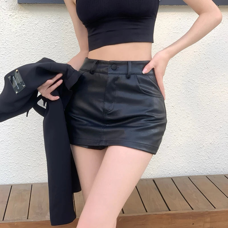 Fashion Sexy PU Leather Shorts Skirt Women Black High Waisted A-line Mini Skirts Y2K Streetwear Female Hot Girl Shorts RT220