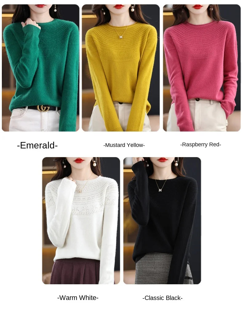 100% Merino Wool Knitted Sweater Autumn/Winter 2024 New Women's Round Neck Hollow Top 11 Color Pullover Versatile Coat NJR1107 RT220
