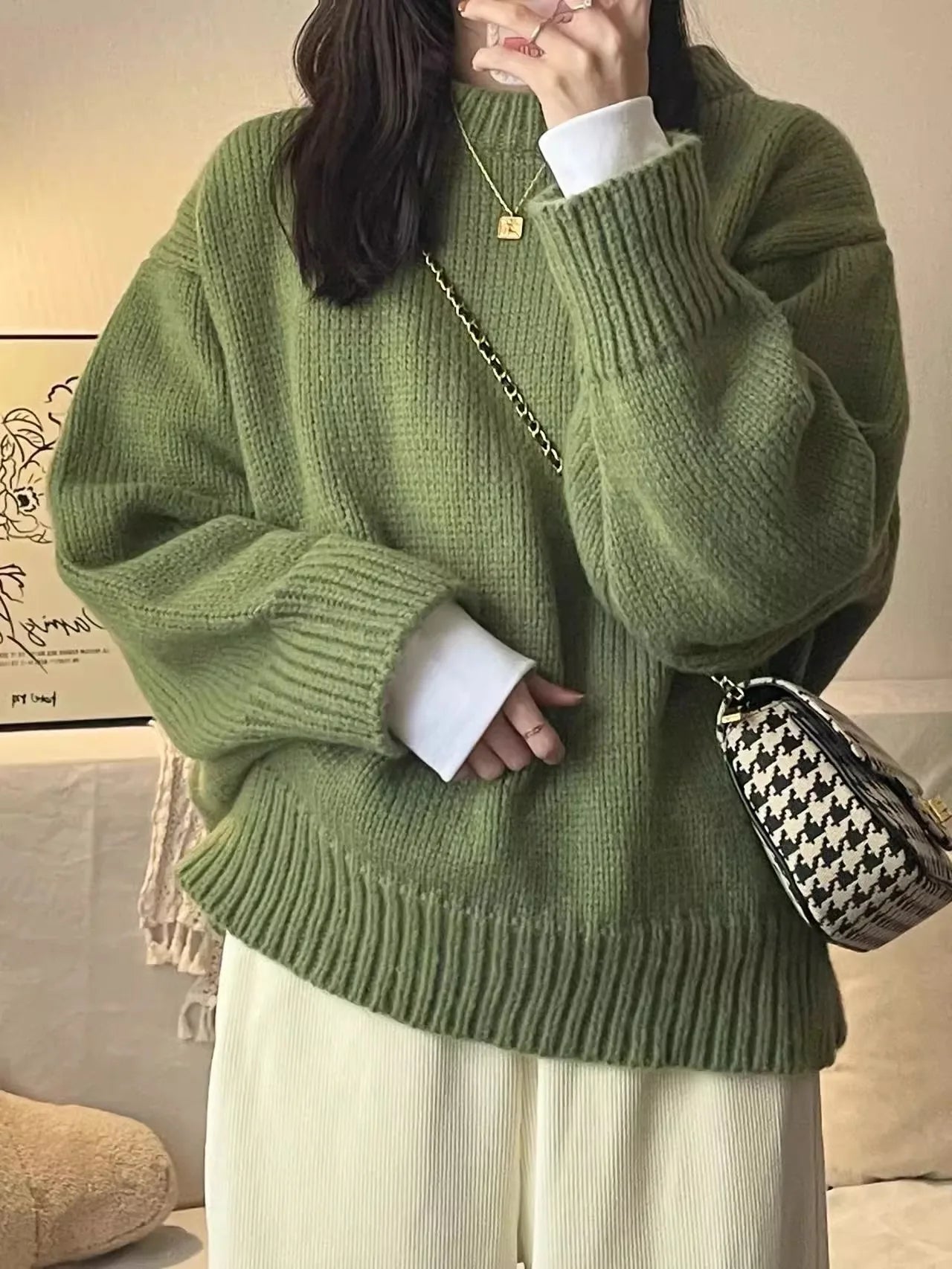 New O-Neck Loose Green Pullover Sweater For Women Autumn Winter Thick Retro Japanese Lazy Style Interior Bottom Knitted Top RT220