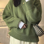New O-Neck Loose Green Pullover Sweater For Women Autumn Winter Thick Retro Japanese Lazy Style Interior Bottom Knitted Top RT220