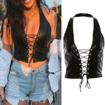 Women Y2k Sexy Gothic Patent Leather Backless Lace Up Crop Top Wet Look Corset Bra Vest Clubwear Club Party Female Tank Tops RT220