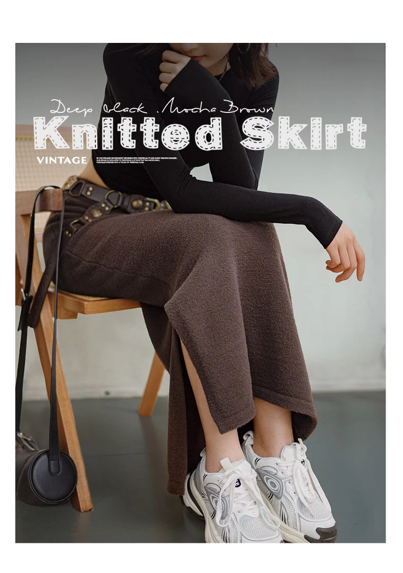 Maden Retro Knitted Skirt Solid Color Slit Fit with Single-side Slit Versatile A - line Skirt for Women's Autumn and Winter RT220