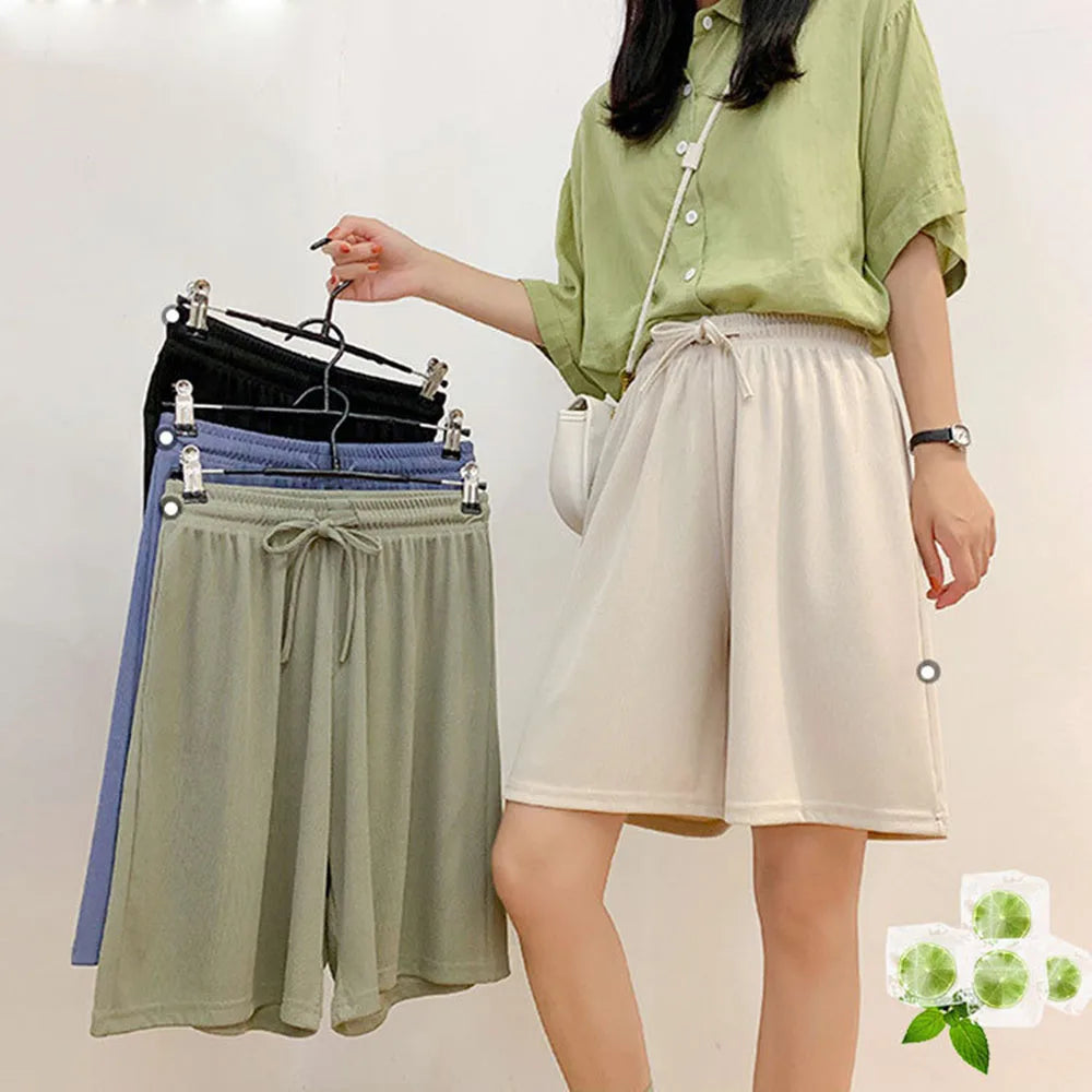 Women'S Sports Shorts Summer Straight Short Pants Solid Color Loose Elastic High Waist Wide Leg Knee Length Hot Pants For Girls RT220