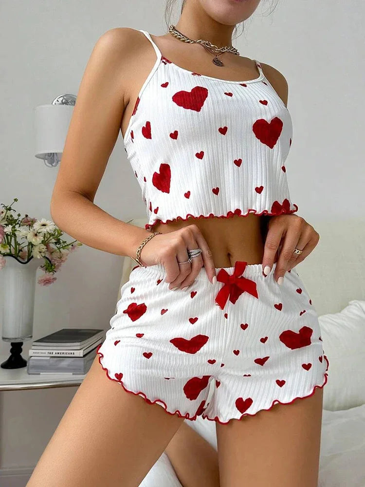 Sexy Girl Pajama Sets Love Heart Print Cami Top+Shorts Leisure Stripe Pyjamas Women Home Clothes Summer Sleeveless Sleepwear RT220