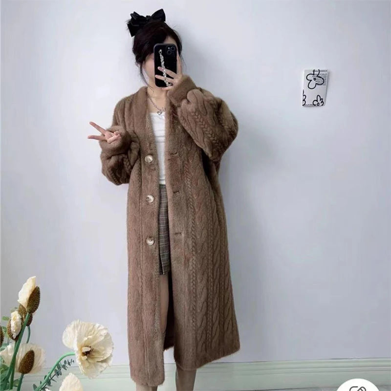 Women Fur Cardigan Thickened Long2025Spring And Autumn V-neck Jacket Female Loose Simple Leisure With Buttons Faux Fur Mink Coat RT220