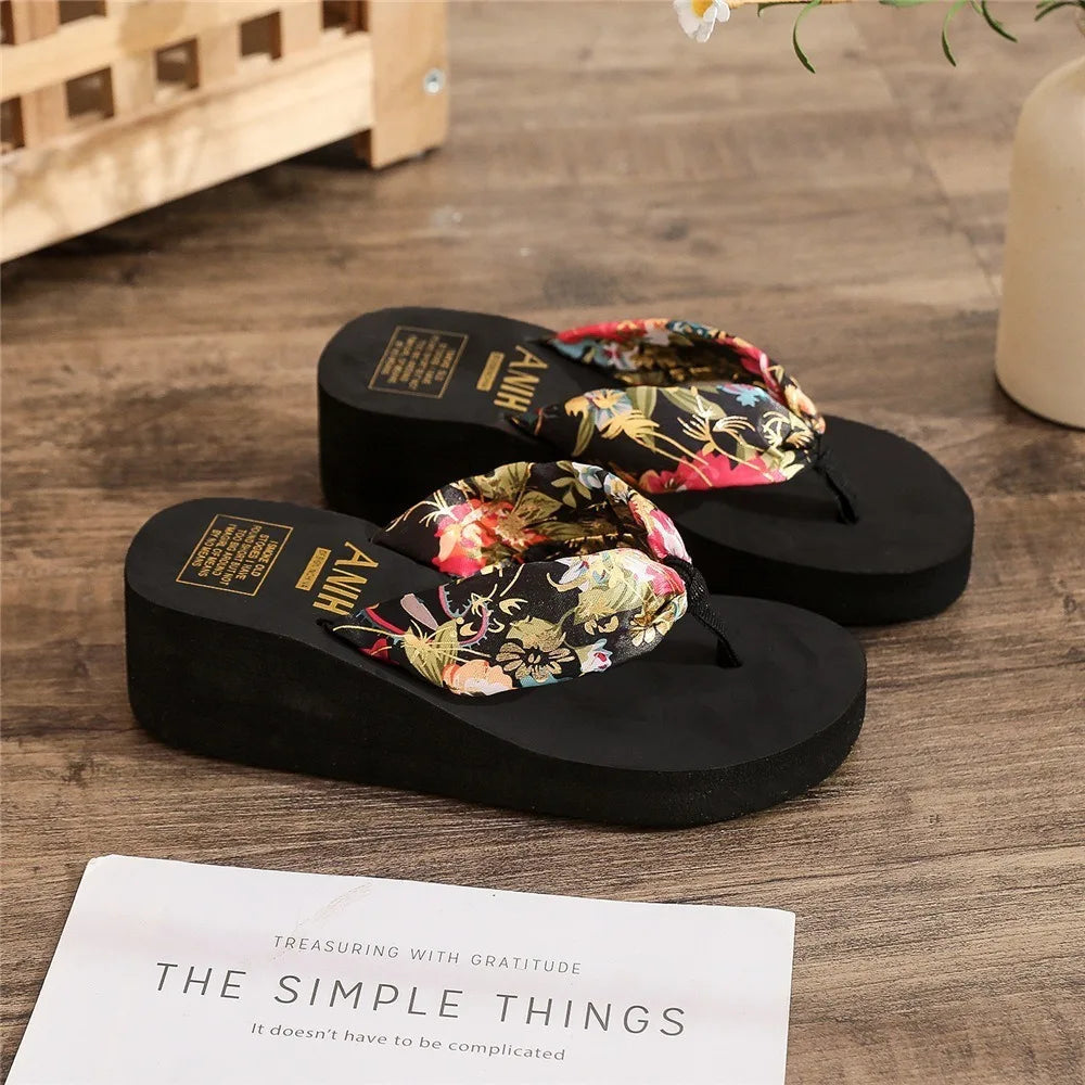 Summer EVA Beach Platform Slippers Wedge Sandals 3/5.2cm Heel High Fashion Casual Satin Printing Vacation Women's Slippers RT220