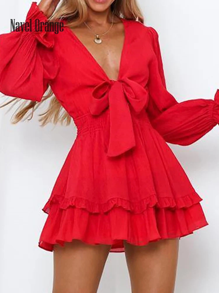 Sexy Cascading Ruffles Women Long Sleeve Mini Dress Deep V-Neck Lace-Up Casual Ladies Party Dress Sweet Streetwear Dropshipping RT220