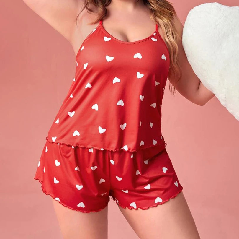 Plus-Size XL-5XL Women Pajama Set Nightgowns Cami Shorts Nightclothes  Sleeveless Nightwear Red Love Print Soft Sleepwear Summer RT220