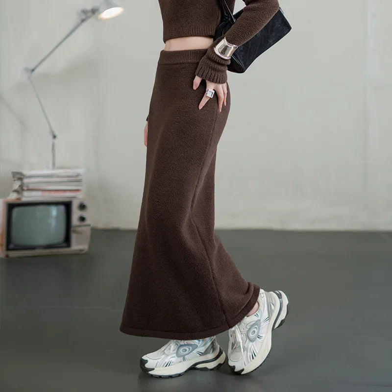 Maden Retro Knitted Skirt Solid Color Slit Fit with Single-side Slit Versatile A - line Skirt for Women's Autumn and Winter RT220