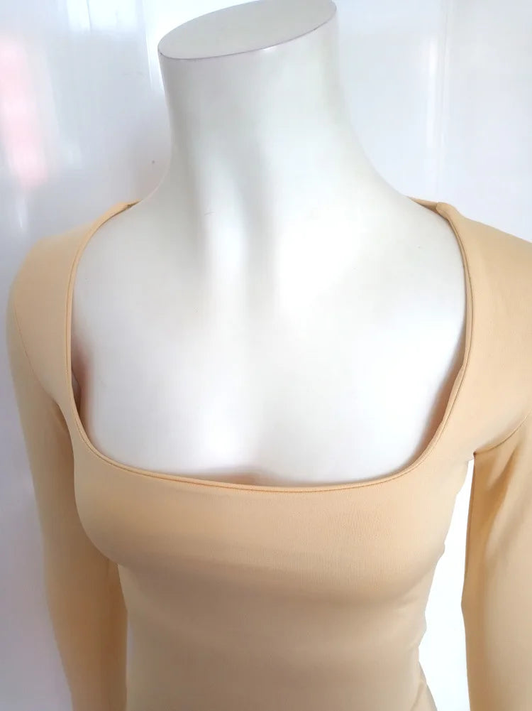 Sexy Solid Color Square Collar Elastic Slim T Shirt Women Long Sleeves Bottoming Shirt Ladies Tee Shirt Tops Camisetas Mujer RT220