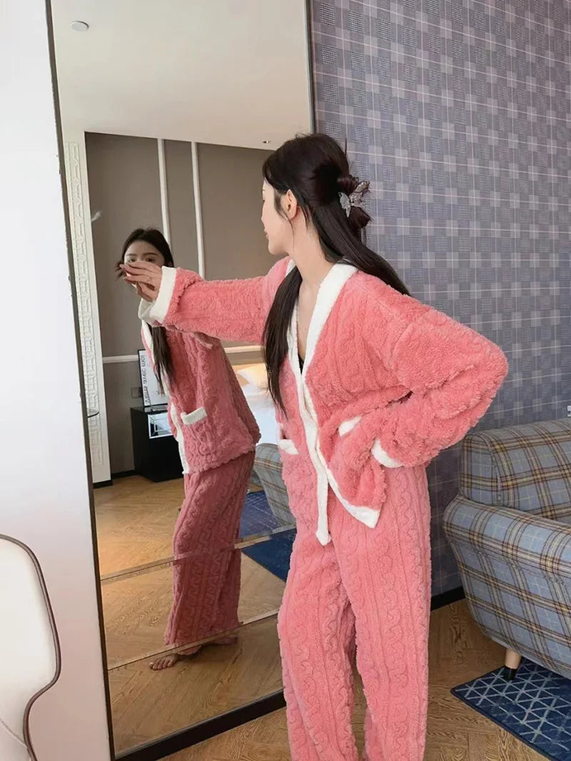 2pcs/Set Autumn And Winter Pajamas Women Thickened Padded Warm Students Coral Girls Clot Velvet Suit Homewear Cardigan Trousers RT220