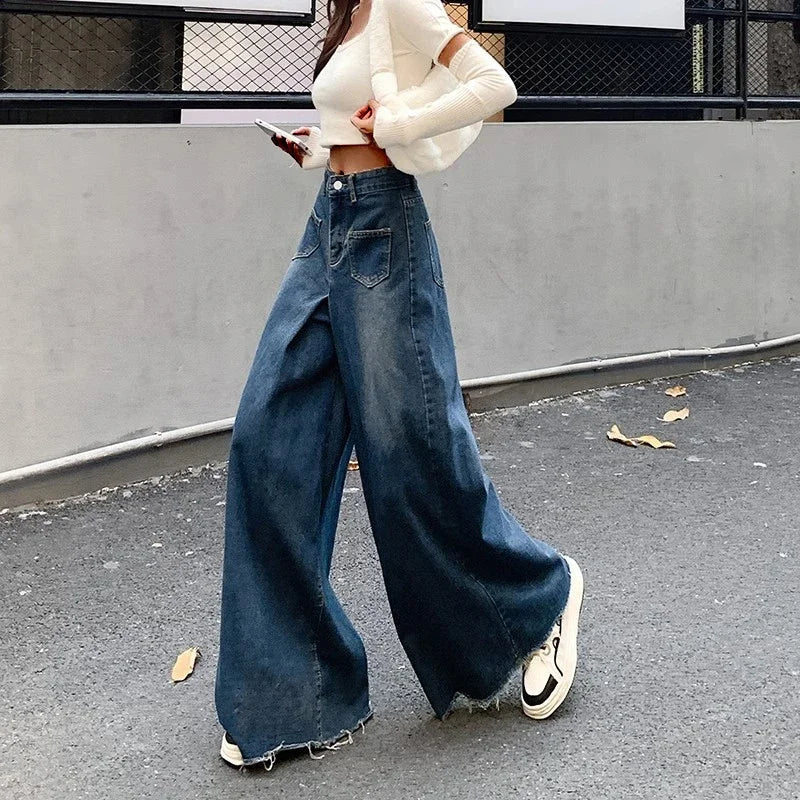 Woman High Waist High Street Wide Leg Jeans Female Loose Designer Pants Girls Fashion Y2k Blue Light Blue Gothic Denim Trousers RT220
