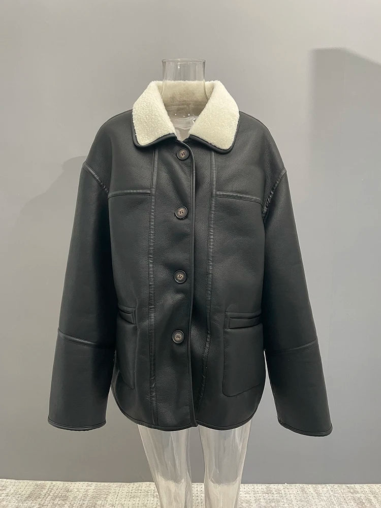 [LANMREM] Faux Fur Thick Warm Coats Lapel Single Breasted Office Lady Elegant Female Outwear Fashion 2025 Winter New 26C1095 RT220