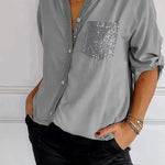 Casual Loose Sequins Patchwork Shirt Blouse Women Fashion Button Long Sleeve Shirts For Women Spring Autumn Pocket Tops Femme RT220