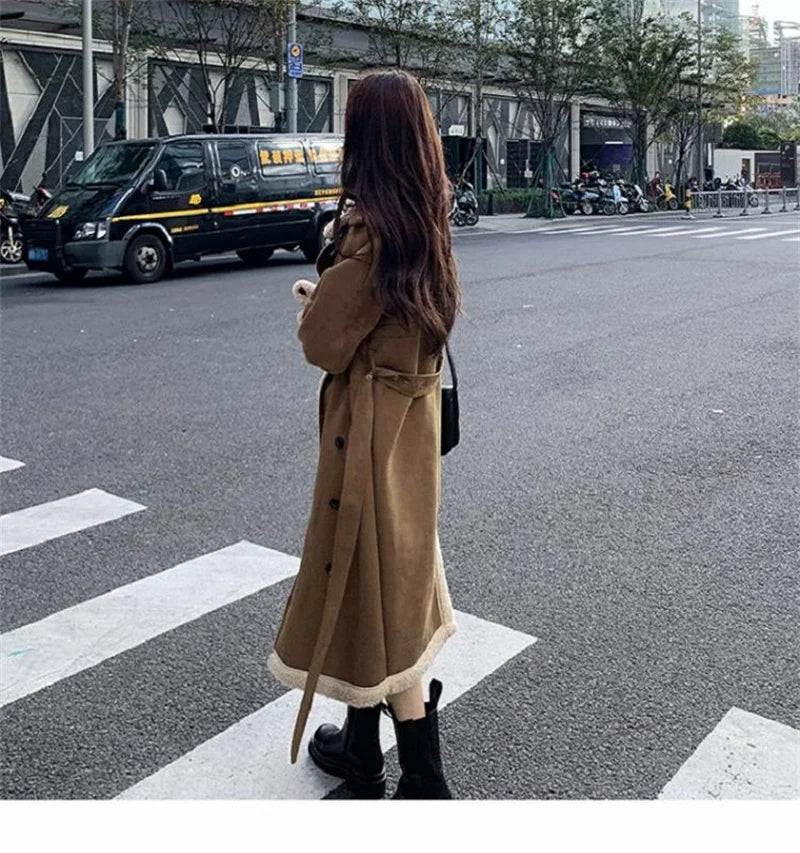 2024 Autumn Winter New Medium Long Double-breasted Lambswool Suede Woolen Coat Women Add Velvet Padded Warm Fur One Woolen Coats RT220
