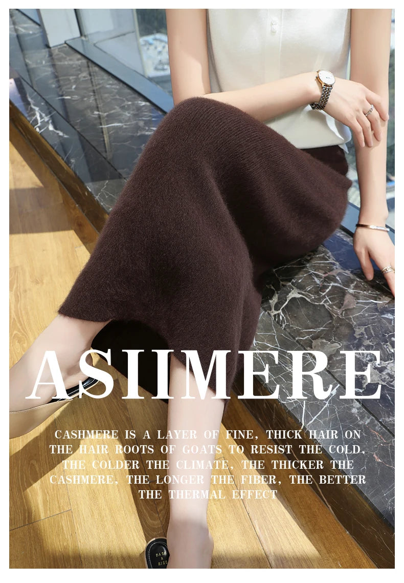 Mink Cashmere Midi Skirt For Women In Autumn And Winter, Mid Length, High Waist, Slimming, Knitted Versatile, Hip Hugging Skirts RT220