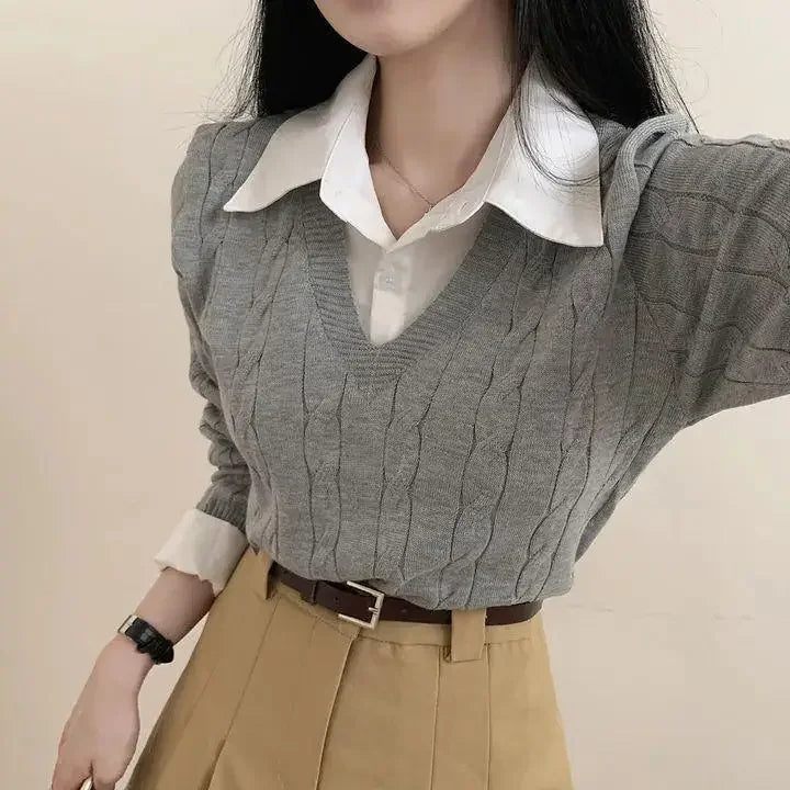 Korean Chic Spring and Autumn Age-Reducing Sweaters Retro Temperament Preppy Fake Two Pieces Shirts Twist Knit Women's Y2k Tops RT220
