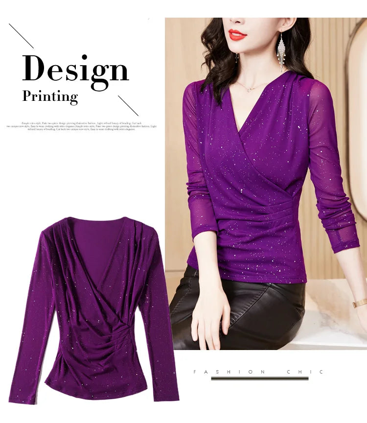 New Spring Women's T-Shirt Cross V-Neck Solid Color Bright Powder Slim Long-Sleeved Mesh Tops Elastic Bottoming Shirt RT220