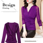 New Spring Women's T-Shirt Cross V-Neck Solid Color Bright Powder Slim Long-Sleeved Mesh Tops Elastic Bottoming Shirt RT220