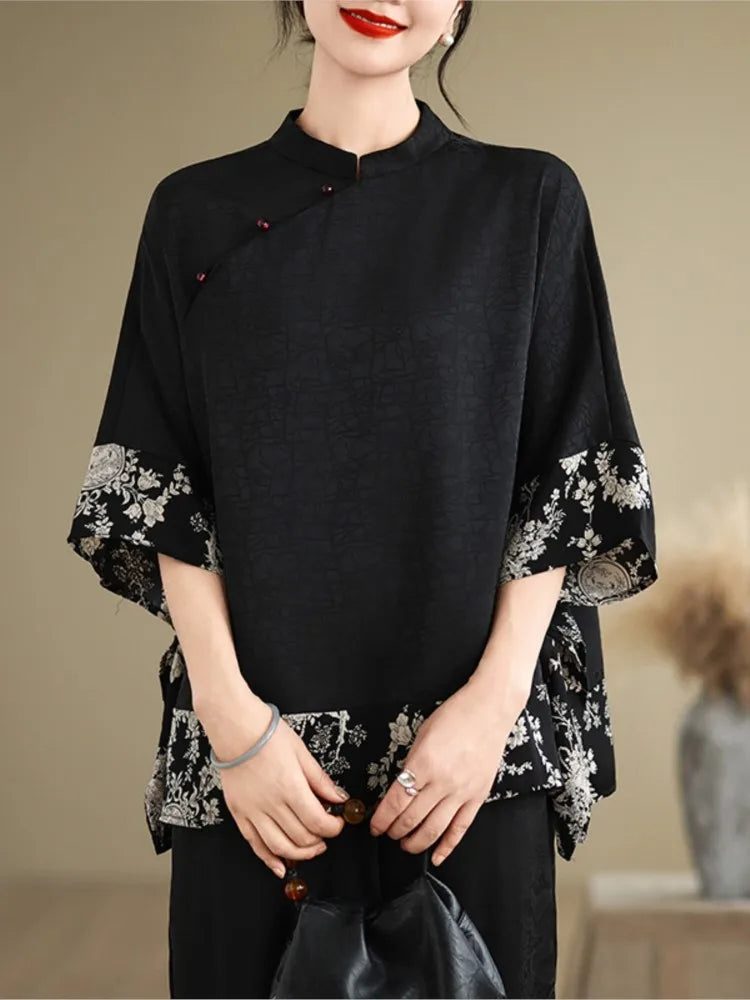 Oversized Summer Pullover T-Shirt Tops Women Print Patchwork Fashion Casual Loose Pleated Ladies Blouses Short Sleeve Woman Tops RT220