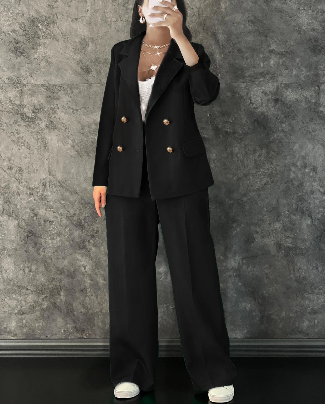 Ladies' autumn and winter black commuting elegant casual loose button suit jacket and elastic waisted suit pants two-piece set RT220