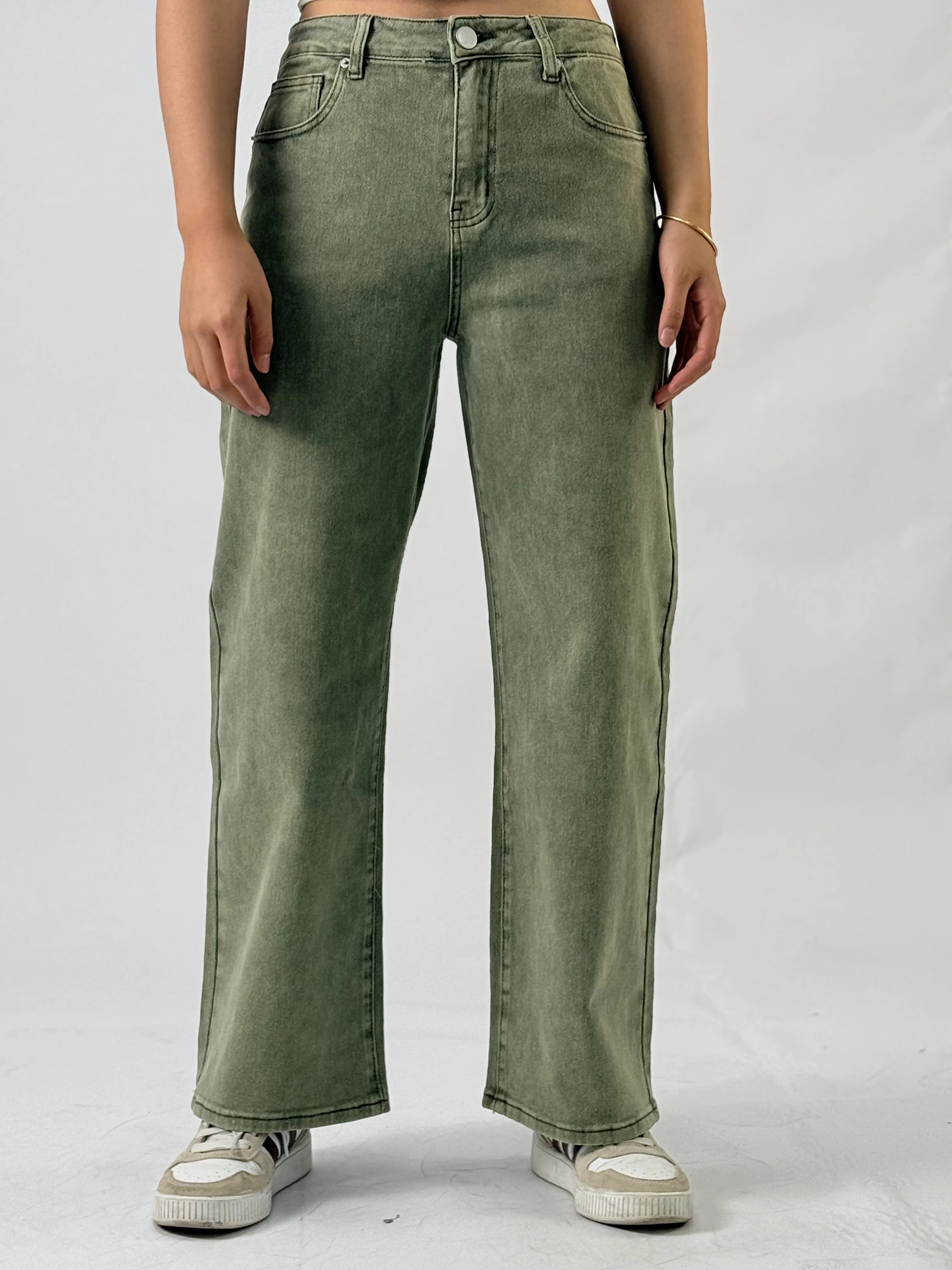 Military Green Fashionable Ladies' Jeans, High-Waisted Long Style, Designed For Street Casual Wear, With Comfortable Fabric.Y2K RT220