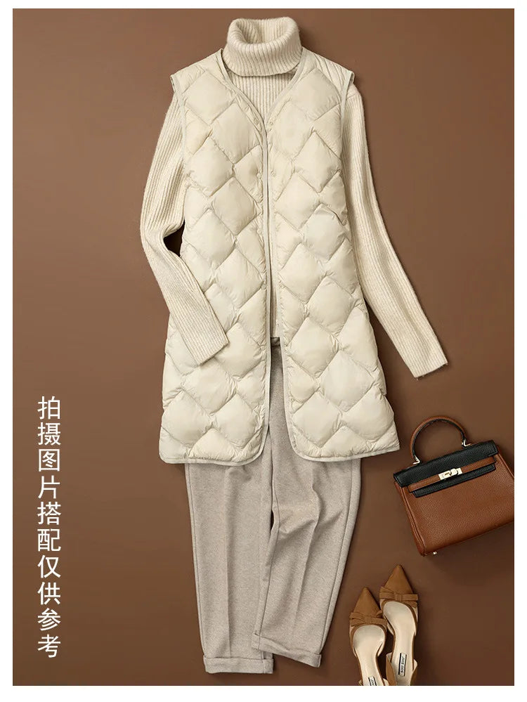 Women Sleeveless X-long Ultra Light Down Jackets 2024 New Arrivals Autumn Winter Korean Fashion V-neck Liner Vest Down Coats 3XL RT220