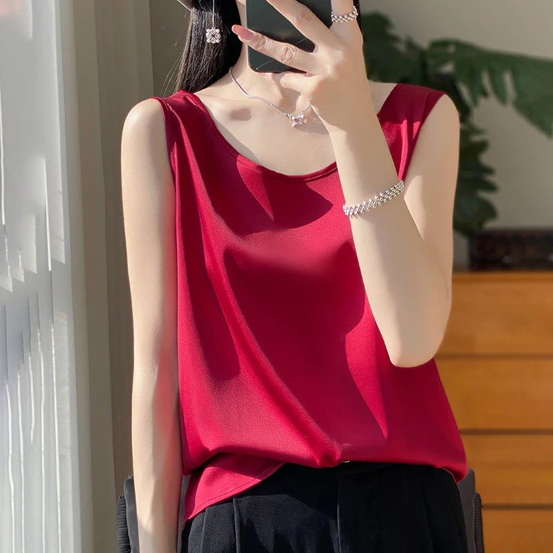 Women Tops Solid Spring Summer Casual Crop Tops Sexy O-neck Tank Tops Office Lady Pink White Top 2024 Fashion Korean Tank Top RT220